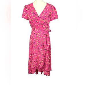 NWT Betsey Johnson Sz 10 Pink Floral Rose Tie Waist Faux Wrap Ruffle Midi Dress
